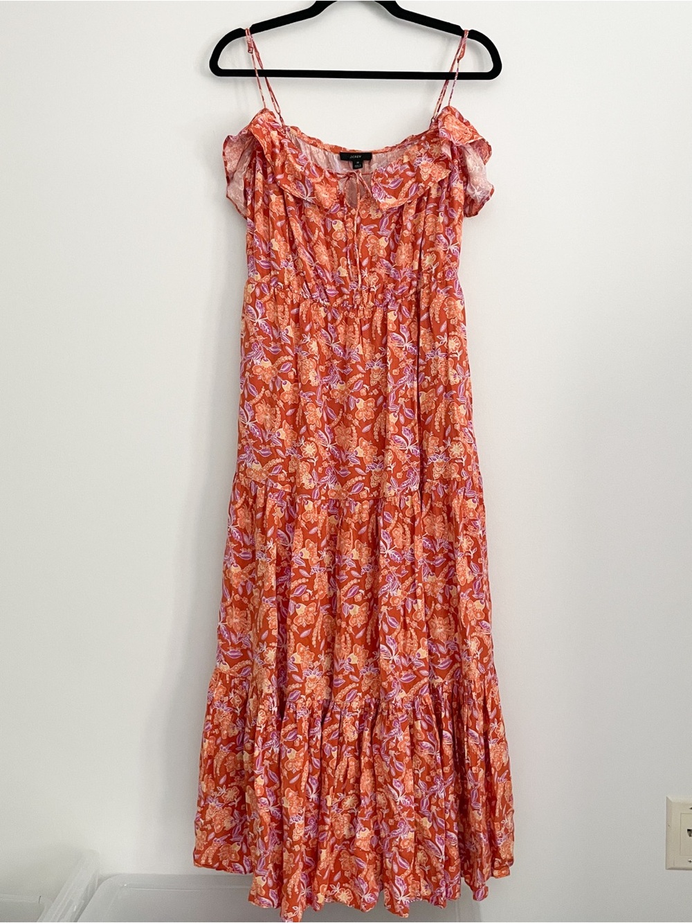 J. Crew • Floral Orange Pink Ruffle Tiered Maxi Dress in Painted Block Print • M - Picture 5 of 15